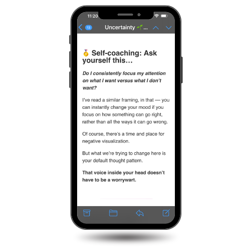 image of the Self coaching question section of Flourish newsletter. Asking the question: do i consistently focus my attention on what I want versus what I don't want?